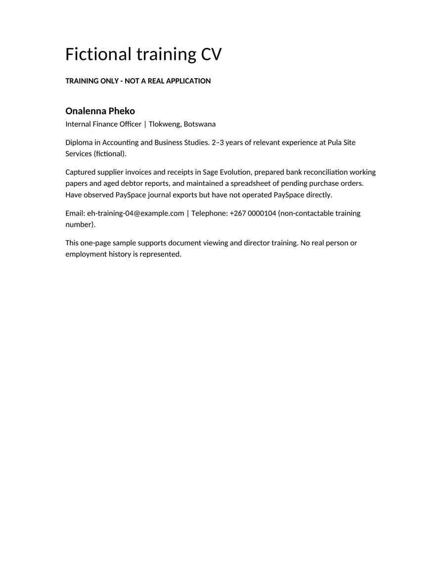 Rendered fictional training CV for Onalenna Pheko, marked training only and not a real application